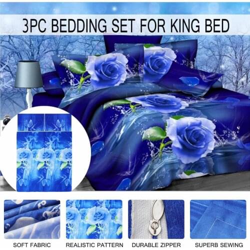 3Pcs/set 3D Luxury Blue Rose Printed Bedding Set Pillowcase Duvet Quilt Cover Set King Size 220x240cm