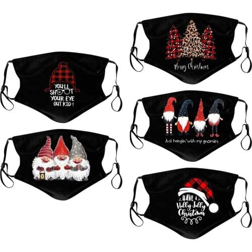 5pcs Christmas Face Mask Windproof Fabric Facial Mask Xmas Cartoon Printed Mouth Cap Adjustable Earloops Washable mascarilla