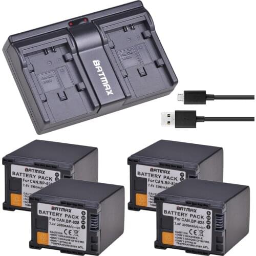2900mAh 4PCS BP-828 BP828 battery +USB Dual Channel Charger for Canon VIXIA HF G30, G40, XA20, and XA25 Camcorders Batteries