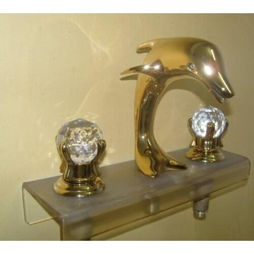 Free shipping PVD GOLD WIDESPREAD LAVATORY BATHROOM SINK dolphin FAUCET with crystal handles
