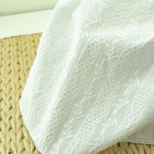 Pure White Fine Cotton Hollow Embroidery Fabric Computer Whole Embroidery Vertical Stripes Flower Summer Fabric