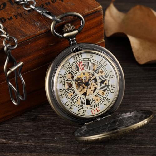 Double Sided Mechanical Pocket Watch Men Hollow Steampunk Skeleton Hand Wind Vintage Pocket & Fob Watch Male Clock Waist Chain