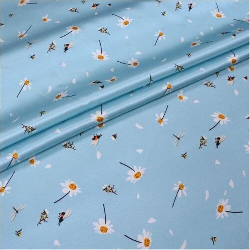 1 Meter X 1.4 Meter Blue Floral Daisy Natural Silk Elastic Satin Mulberry Dress Fabric