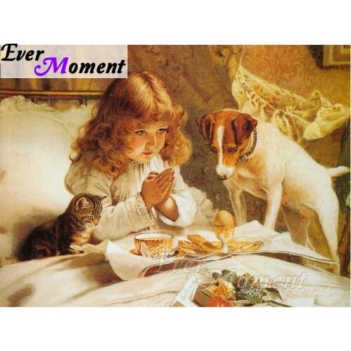 Ever Moment DIY Diamond Painting Cross Stitch Prayer Girl and Dog Mosaic Full Square Drills Rhinestone Home Decoration ASF1175