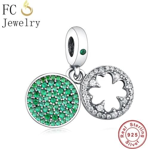 FC Jewelry Fit Original Brand Charm Bracelet Genuine 925 Sterling Silver Four Leaf Green Natural Zirconia Bead Making Berloque
