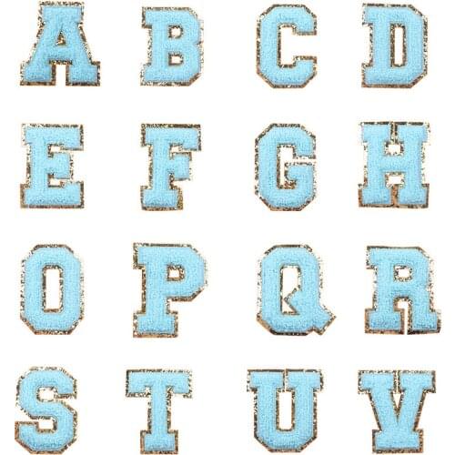Diy Blue Towel Embroidered Letters Sewing On Patch Stripe Badge Alphabet Sequins Patches For Kid Clothing Patterned Patch