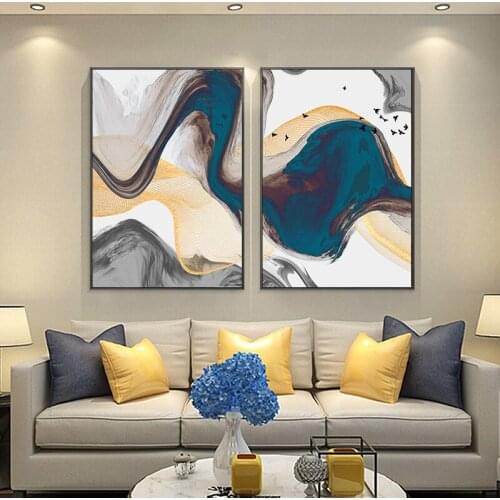 Abstract Blue Yellow Graphic Mountain Birds Landscape Poster And Print Canvas Painting For Living Room Home Wall Art Home Decora