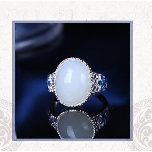 S925 Sterling Silver Inlaid Natural Xinjiang Hetian Jade White Jade Ring