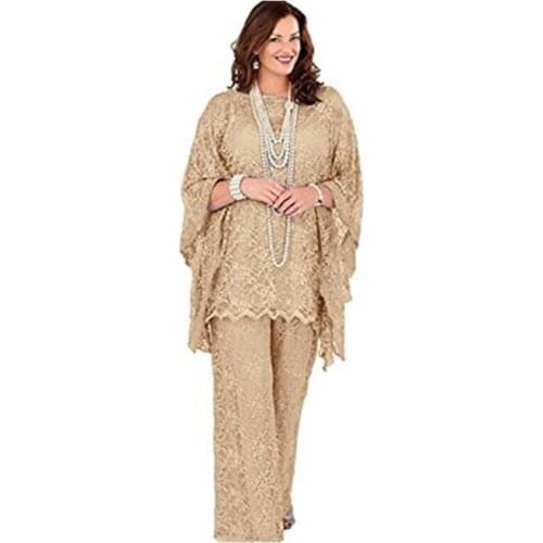 Lace Mother of the Bride Dresses Elegant Champagne Long Sleeves 2021 New Pantsuit 3 Pieces Plus Size Wedding Party Guest Gown