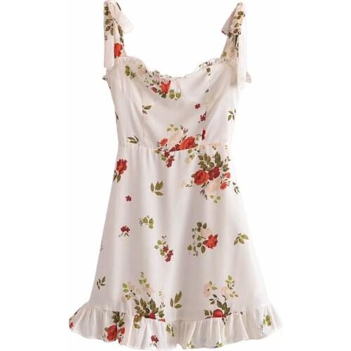 New Women Vogue Floral Printed Ruffled Hem Mini Dress Thin Straps Back Zipper Vintage Female Dresses Woman Robe femme