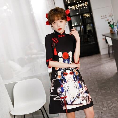 New Chinese Style Improved Cheongsam Black Dress Chic Mandarin Collar Short Dresses Summer Young Female Plus Size Hanfu Dress