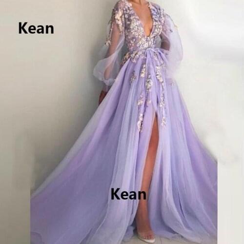 Lilac Slit Evening Dress Deep-V Applique Puff Sleeve Special Occasion Party Islamic Dubai Kaftan Saudi Arabic Evening Gown Prom