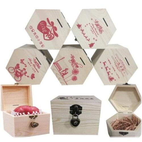 Christmas gift wooden box piggy bank gift box with lock piggy bank change storage wooden case money box