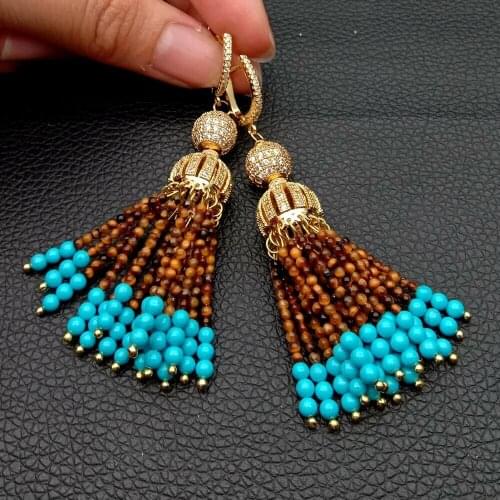 Attractive yellow Tiger Eye Blue Turquoise Zircon pave Cap Leverback Earrings