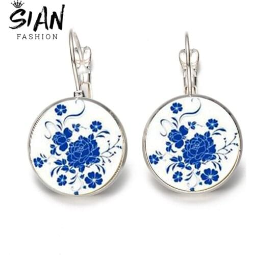 SIAN 2019 New Arrival Simple Mandala Glass Drop Earrings Blue And White Henna Yoga Om Flower Hook Earrings Buddhism India Bijoux