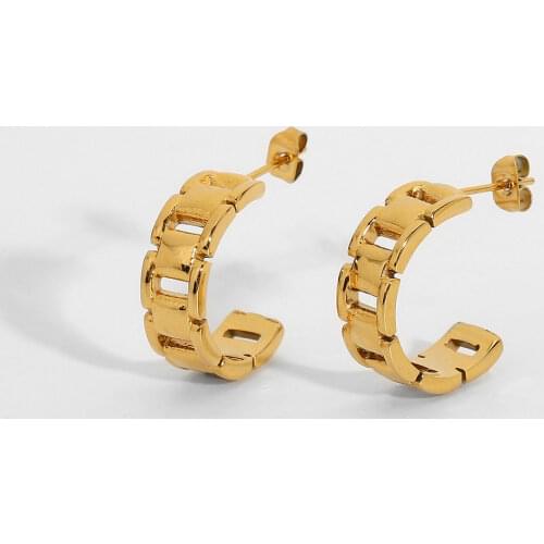 18k Gold Plated Stainless Steel C Shape Hoop Earrings For Women Rectangular Hollow Chain Stud Earrings Jewelry