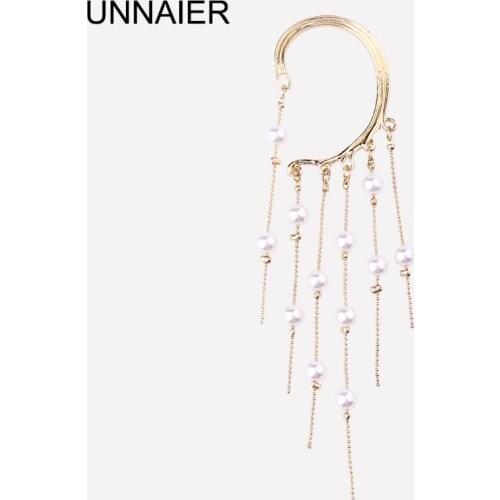 UNNAIER temperament long pearl tassel ear hanging ear bone clip female non-pierced earrings ear clip personalized ear jewelry