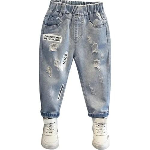 Spring And Autumn Cotton Boys Jeans 2021 New Korean Version Style Fashion Ripped Tight Denim Trousers Casual Childrens Clothing