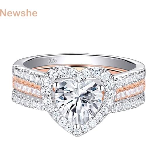 Newshe Romantic Heart Shape Bridal Set Solid 925 Sterling Silver Rose Gold Wedding Rings For Women AAAAA Cz Jewelry