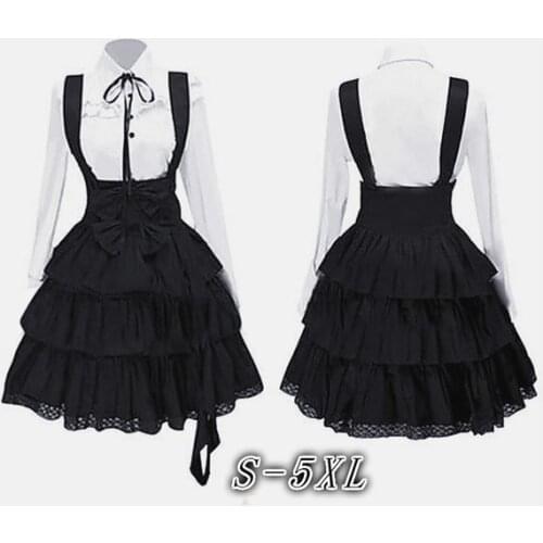 Women Classic Lolita Dress Vintage Womens Outfits Cosplay Anime Inspired Girls Long Sleeve Black Knee Length Shirt Dress S-5XL