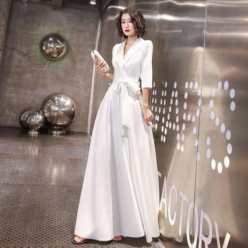Women White V Neck Formal Party Prom Dresses 2021 French Elegant Long Sleeve A Line Evening Gown