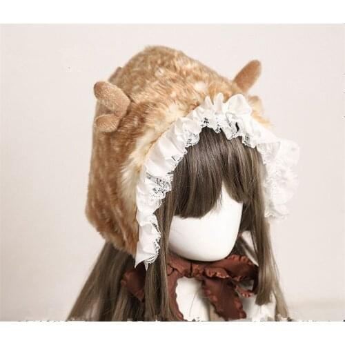 Mori Girl Elk Ear Winter Hat Sweet Lolita Lace Trim Winter Earmuff Hat Mori Girl Warm Cap B1626