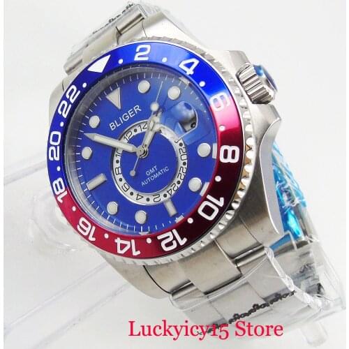 BLIGER Fashion Mens Watch GMT Function Blue Dial Date Window 43mm Watch Mental Strap Sapphire Glass