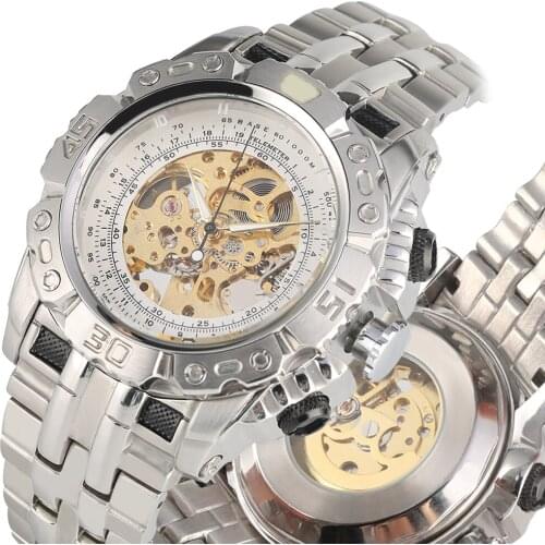 Business Silver Stainless Steel Skeleton Hollow-out Design Automatic-self-winding Mechanical Luminous Function Mens Wristwatch