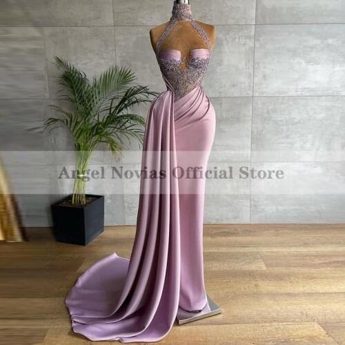 Long Pink Satin Evening Dresses for Women 2021 Elegant with Beads Sweep Train Prom Gown Vestido De Fiesta