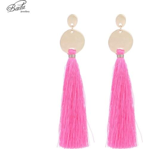 Badu Long Tassel Earring Boho Fashion Gold Alloy Dangle Earrings Women Pink Fringe Black Navy Blue Red Color Vintage Jewelry
