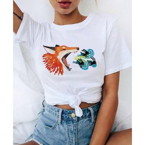 Harajuku Graphic T-shirt Short Sleeve Summer TShort Top Fun Tee T-shirt Kawaii Fox Cartoon Printed Ladies T-shirt O-Neck