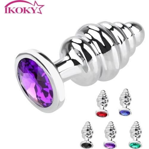 IKOKY Anal Plug Butt Plug Spiral Beads Stimulation Prostate Massager Crystal Jewelry Sex Toys For Woman Men Stainless Steel