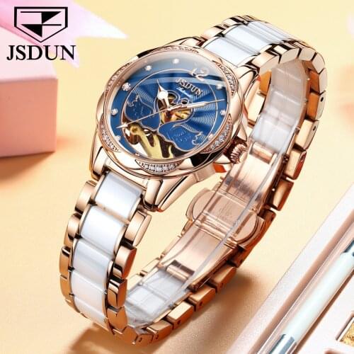 JSDUN 2021 Brand Ladies Automatic Watch Mechanical Luxury Ceramic Strap Hollow Fashion Mechanical Waterproof Ladies Watch 8831