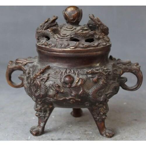 Chinese Fengshui Bronze Carving 9 Dragon Lion Incense Burner Censer