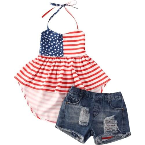 Summer Kids Baby Girls Independence Day Clothes Sets Striped Print Sleeveless Vest Dress Tops+Denim Shorts 1-6Y