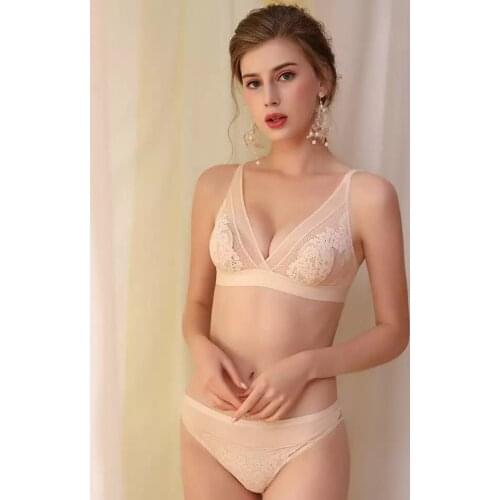Women Seamless Bra Set Push Up Rose Lacey French Style Underwear Set Breathable Ultra-thin Triangle Crystal Cup Bra Set