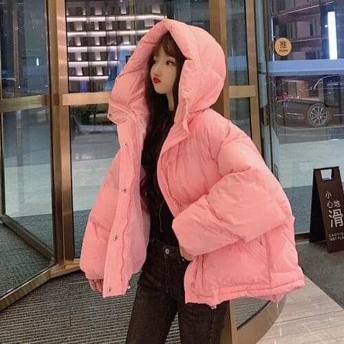 Harajuku Style Loose Cotton-Padded Jacket Women Candy Color Hooded Pockets Warm Parkas Fashion Casual Winter Jacket Women C7605
