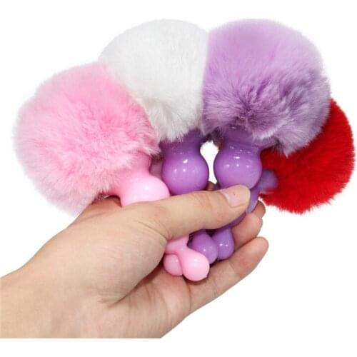Small Size Rabbit Tail Silicone Anal Beads Plug Bunny Pompon Butt Plug Silica Gel Hair Ball Anal Plug Adult Game