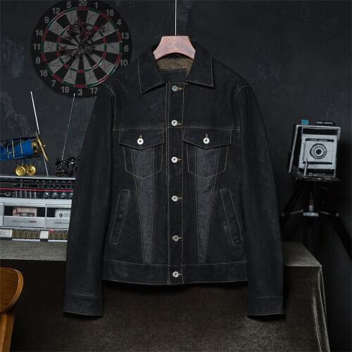 Fashion Matte Men Leather Jacket Ral Goatskin & Denim Spliced Mens Coat Male Clothing Autumn Asian Size Wholesale Drop Shipping