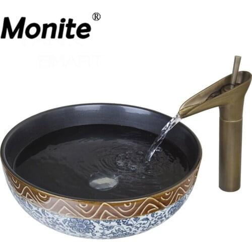 Monite Art Antique Bathroom Sink Set Round Ceramic Vessel Sink With Waterfall Faucet With Black Inside