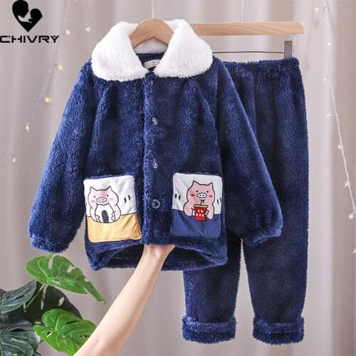 New Kids Flannel Pajama Sets Boys Autumn Winter Thicken Warm Home Wear Children Cartoon Lapel Long Sleeve Sleeping Clothing Sets