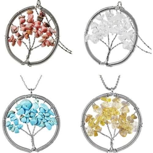 TUMBEELLUWA 1Lot (5Pc) Handmade Wire Wrapped Chips Stone Tree of Life Pendant Fit Necklace, Healing Reiki Chakra Jewelry