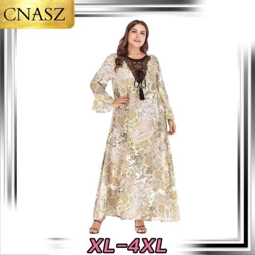 Latest Muslim Large Size Womens Islamic Arab Fashion Embroidery Beaded Ribbon Dubai Lace Print Dress Middle East Loose Dress