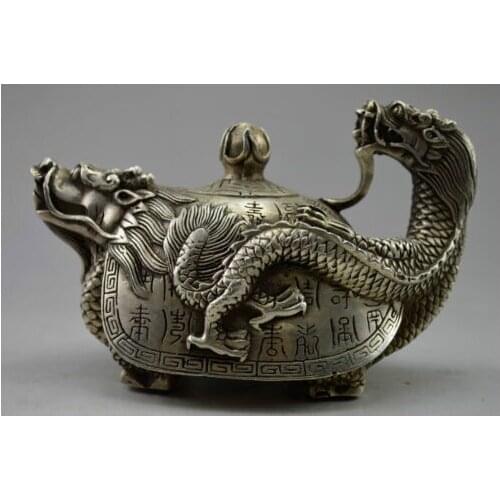 Christmas decorations for home+ Collectible Decorated Old Handwork Tibet Silver Carved Dragon Tortoise Teapot