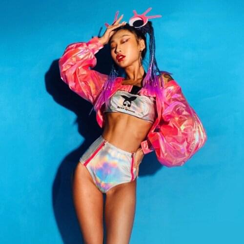 Stage Costume Women Nightclub Bar Female Singer Jazz Dance Clothing Silver Bikini Pink Puff Sleeve Suit Pole Dancewear DN6119