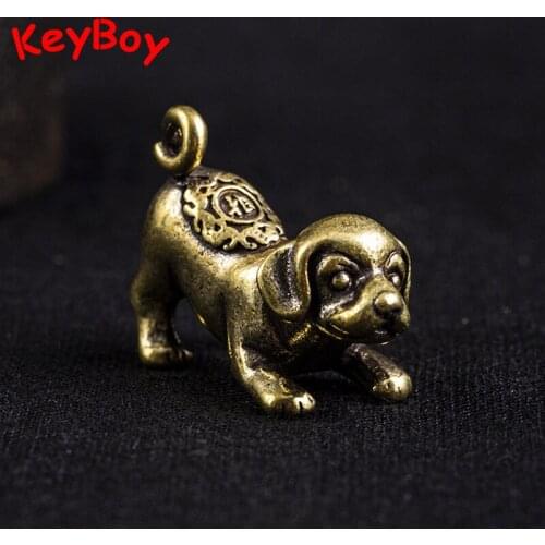Solid Brass Cute Dog Pendants for Keychain Jewelry Copper Lucky Zodiac Animal Dogs Figure Car Key Chain Ring Hanging Decorations
