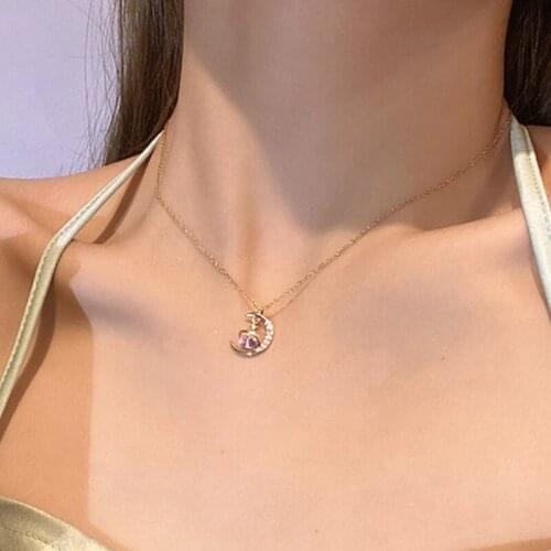 VSnow Korean Fashion Stainless Steel Purple Color Moon Star Pendant Necklace for Women Bling Bling Rhinestones Necklaces Jewelry