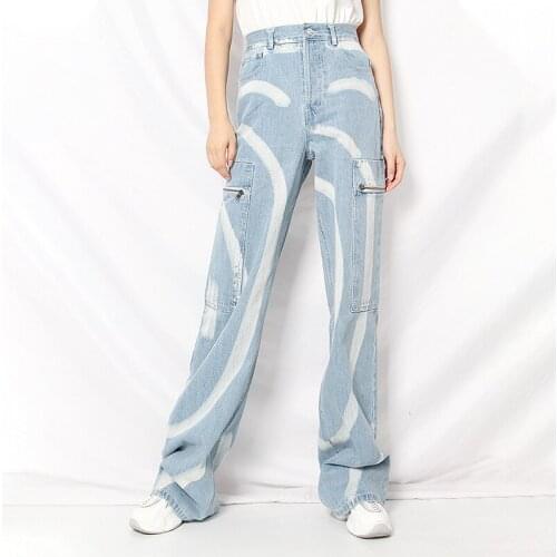 Womens Streetwear Stripe Denim Pants High Waist Pocket Wide Leg Jeans Large Size Trouser