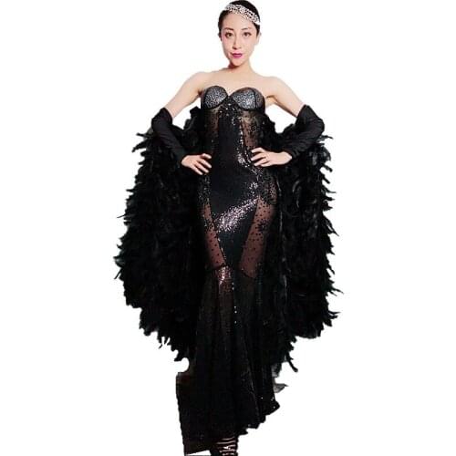 Flashing Black Rhinestone Feather Batwing Sleeve See Through Maxi Tail Dress Women Club Singer Dance Prom Birthday Party Dress