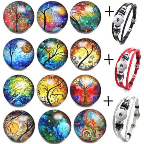 12pcs/lot Life Tree Glass Snap Button+3pcs Leather Bracelet 18mm Cartoon Cat Snap Buttons Cat Charms Snap Bracelet Women Gift